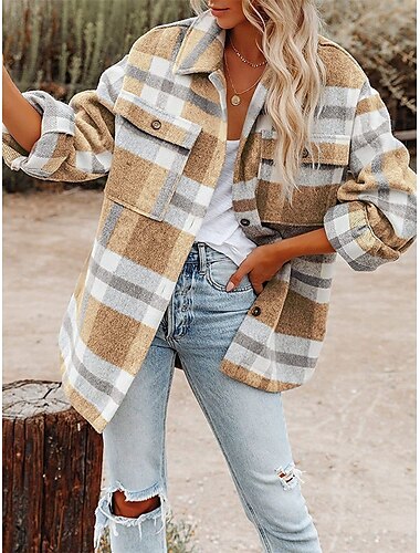  Damen Hemdjacke Shacket warm halten Atmungsaktiv Knopf Tasche Bedruckt Brautkleider schlicht Plaid Urlaub Strasse Freizeitskleidung Ausgehen Einreihiger Verschluss Standard Umlegekragen Regular Fit
