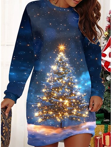  Damen Polyester Weihnachtsbaum Rundhalsausschnitt Minikleid Frühling Herbst