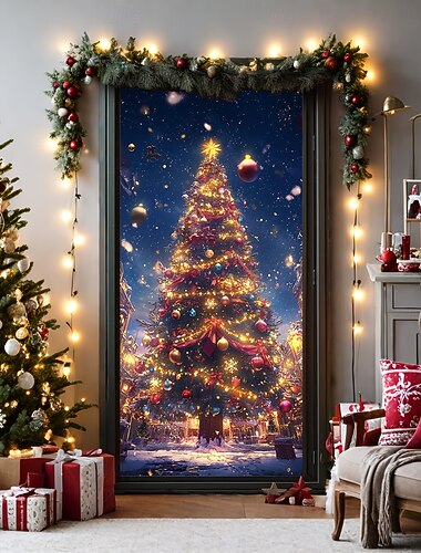  Christmas Door Decorations Door Covers Xmas Tree Door Tapestry Door Curtain Decoration Backdrop Door Banner for Front Door Farmhouse Christmas Holiday Party Decor Supplies Gift Indoor/Outdoor
