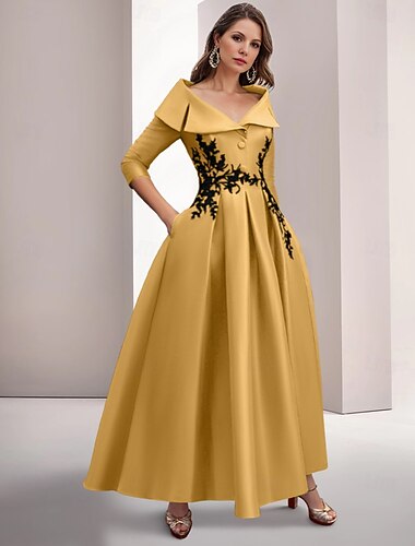  grün-schwarzes Abendkleid in A-Linie, elegant, bestickt, Vintage-Kleid, formell, bodenlang, 3/4-Ärmel, Hemdkragen, Satin mit Applikationen 2025