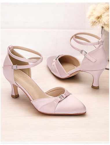  Zapatos de tacón con tiras en el tobillo de satén rosa para mujer con detalle de lazo: elegantes zapatos de boda o fiesta con tacón medio para ocasiones formales