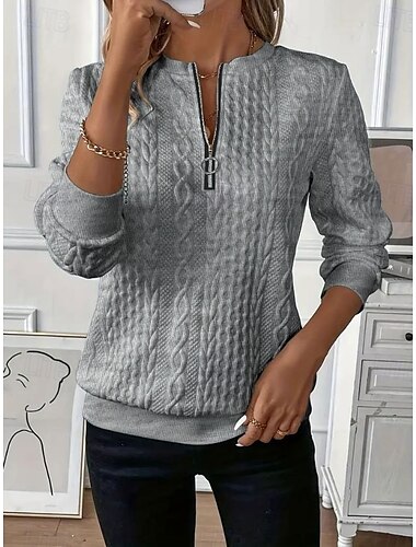  Damen Sweatshirt elegant modern schlicht Arbeit Rundhals Reißverschluss lockere Passform Langarm schwarz weiß rosa grau Frühling Herbst