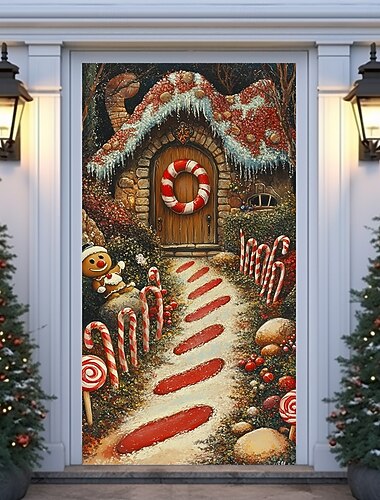  bannière de noël décorations de porte de Noël, couvertures de porte, tapisserie de porte de maison en pain d'épices de Noël décoration de toile de fond, bannière de porte intérieure/extérieure pour