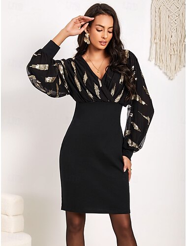  goldenes Kleid Damen Pailletten Mesh schwarzes Kleid Minikleid abstrakt V-Ausschnitt Langarm Frühling Herbst schwarz