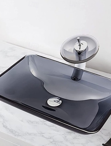  badkamer wastafel rechthoekig artistiek wastafelblad gehard glas badkamer wastafelmeubel wastafel met pop-up afvoer en waterval kraan zwart glas