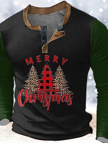  karácsony férfi karácsonyfa Henley póló grafikus fa divattervező alkalmi 3D print Henley gofri sportok szabadtéri ünnep fesztivál fekete piros &amp; fehér zöld hosszú ujjú henley tavaszi