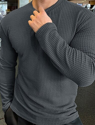  Herren T Shirt Geripptes Strick-T-Shirt Langarm Rundhalsausschnitt Einfarbig Traditionell / Vintage Gestrickt Outdoor Heim Sport & Outdoor Dunkelgrau Schwarz Blau Top T-Shirt für Herren