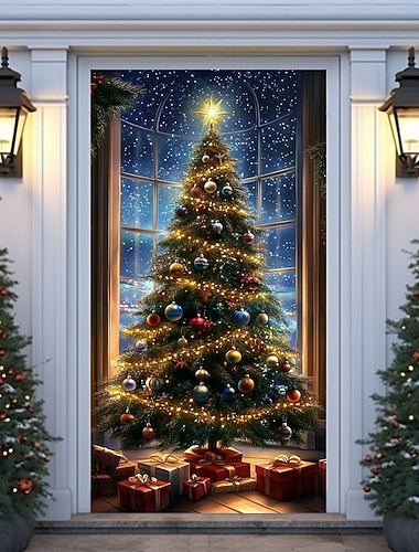  クリスマスドアデコレーション、ドアカバー、クリスマスオーナメント、ツリードアタペストリー、ドアカーテンデコレーション背景、屋内/屋外ドアバナー、玄関ドア用、農家のホリデーパーティー装飾用品