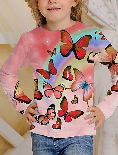  Da ragazza 3D Pop art Farfalla maglietta T-shirt Manica lunga Primavera Autunno Di tendenza Essenziale Bambino 4-12 anni Girocollo Esterno Informale Giornaliero Standard