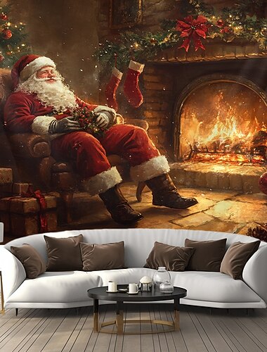 クリスマスの飾り、吊り下げタペストリー、壁アート、クリスマス、サンタ、暖炉、大きなタペストリー、壁画、装飾、写真、背景、ブランケット、カーテン、自宅、寝室、リビングルーム