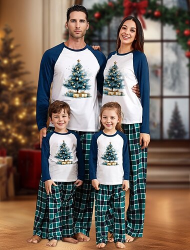  Árboles de Navidad Pijamas de Navidad familiares Vestimenta Nocturna Plaid Hombre Mujer Chico Chica Navidad Año Nuevo Nochebuena Trajes a juego para la familia Dulce Adultos Niños Navidad Vacaciones