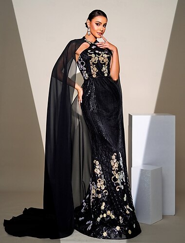  Abendkleid mit schwarzer Krawatte, Vintage-Kleid, formell, bodenlang, ärmellos, Neckholder, mit Pailletten und Glitzer 2025