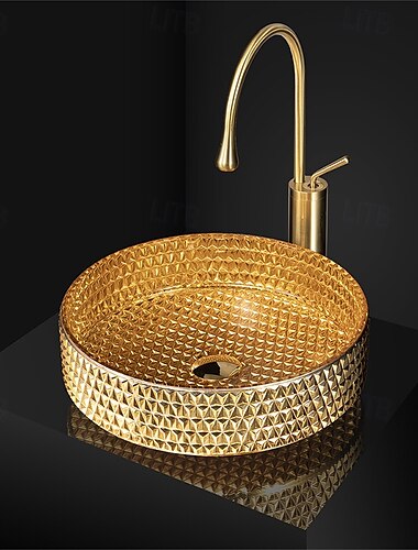  badkamer wastafel rond modern plating glazen wastafel en chromen afwerking waterval kraan combo