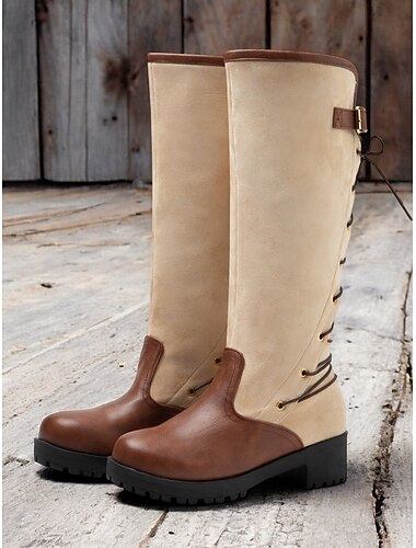  Botas femininas para equitação – botas de cano alto em couro sintético marrom e bege com cadarço nas costas, ideais para passeios a cavalo, aventuras ao ar livre no outono e trajes estilo country