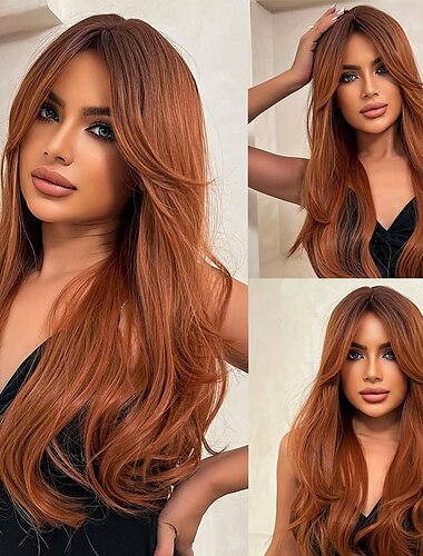  פאות בהשראת megan fox פאות ערמוניות לנשים פאות שכבות עם פוני פאה שיער חלק ארוך פאות חום נחושת פאות שיער סינטטי טבעי עמיד בחום פאות לשימוש יומי בקוספליי למסיבה