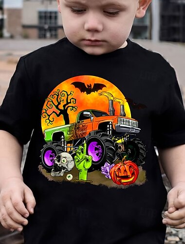  ハロウィーン 男の子 3D カボチャ 車載 Tシャツ Ｔシャツ トップス 半袖 夏 ファッション スポーツ ポリエステル 子供 4〜12年 クルーネック カジュアル デイリーウェア バケーション レギュラー