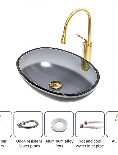  Aufsatzwaschbecken fürs Badezimmer, Waschbecken aus gehärtetem Glas, Aufsatzwaschbecken mit Wassertropfen-Wasserhahn und Pop-up-Ablaufgarnitur