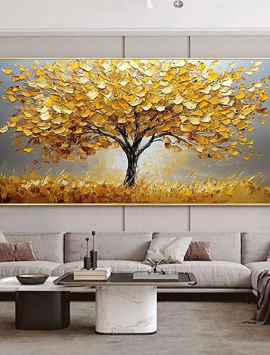  handgemachtes original goldenes Ölgemälde Lebensbaum auf Leinwand abstrakte Textur florale Wandkunst für Wohndekoration mit gespanntem Rahmen/ohne Innenrahmen Gemälde