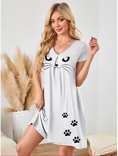  Damen-Schlafanzug mit Katze, schlichter Rundhalsausschnitt, kurze Ärmel, Sommer-/Frühlings-Home-Outfits