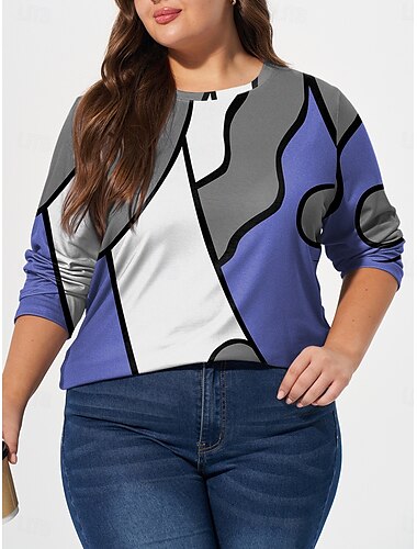  Damen-T-Shirt in Übergröße, Farbblock-Druck, langärmelig, Rundhalsausschnitt, lässig, für den Alltag, Herbst/Winter, Blau/Grün