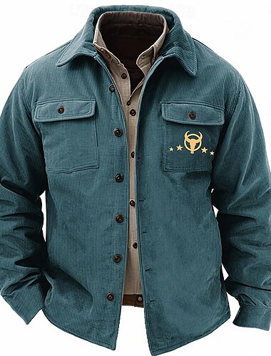  Herren Cowboy Cord Hemd Hemdjacke Overshirt Langarm Vintage Stamm Alltagskleidung Herbst Winter Hemden mit Kragen Knopf hoch 3D-Druck 2 Taschen 1pc Armeegrün Marineblau Braun