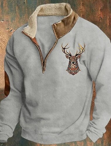  Herren-Sweatshirt mit Hirsch-Jagdmotiv, Viertelreißverschluss, Langarm, Pullover, Vintage-Winteroberteile mit Stehkragen, halber Reißverschluss, Rentier-Print, lockere Passform, tägliche Streetwear, dünnes Fleece, Herbst- und Winterkleidung
