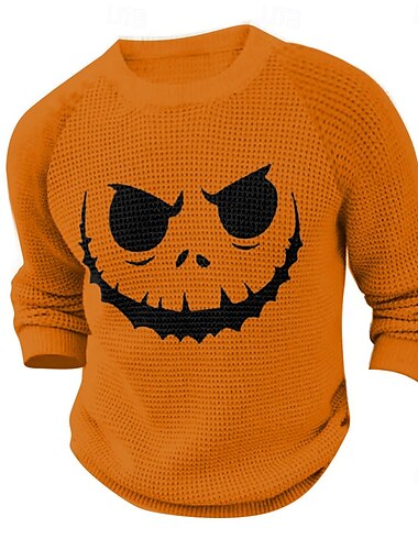  Halloween Brautkleider schlicht Grimasse Herren Pullover Gestrickt Warm Partyabend Täglich Langarm Rundhalsausschnitt Herbst Winter Orange M L XL