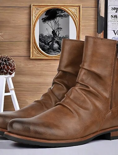  Botines de piel sintética marrón para hombre con cremallera lateral y diseño arrugado: elegantes botas casuales para otoño e invierno