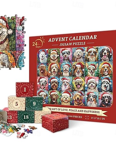  Karácsonyi Adventi Naptár 2025 Kutya/Macska 1000db Kirakós Puzzlek 24 Napos Visszaszámláló Naptár Karácsonyi Ajándék Vicces Kutya Ünnepi Puzzlek Kutya/Macska Szeretőknek