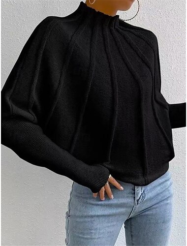  Damen Pullover Modisch Täglich Feste Farbe Stehkragen Strick Textur Fledermaus Ärmel Langarm Normale Oberteile Stricken Heim Arbeit Täglich Schwarz Weiß Herbst Winter
