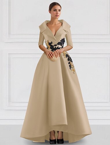  Schwarzes A-Linie Abendkleid Vintage Besticktes Elegantes Kleid Smoking Kleid Formelles Bodenlänge Langarm V-Ausschnitt Tasche Satin mit Perlenschnüren Applikationen 2025