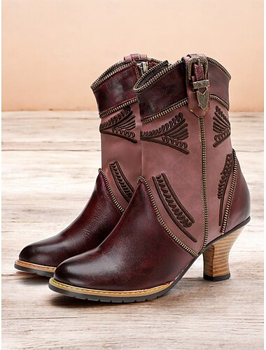  botas femininas vintage de couro marrom e bordô com zíper, tira de fivela e detalhes bordados – botas de salto estilo western para outono e uso casual