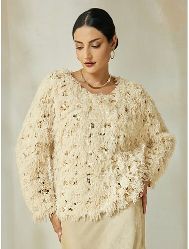  Aprikosenbluse mit Rundhalsausschnitt und Pailletten