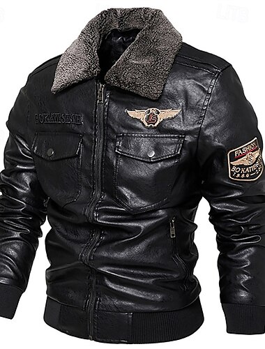  Voor heren Jas van imitatieleer Bikerjack Motorjas Vakantie Dagelijks Winddicht Houd Warm Bontzoom Zak Herfst winter Effen Modieus Klassiek Revers Normaal Imitatieleer Zwart Koffie Grijs Jacks