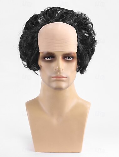  Peluca de anciano negra, peluca calva con pelo a los lados, peluca calva para adultos, disfraz de 100 días de escuela, peluca sintética corta para cosplay, disfraz de fiesta de Halloween