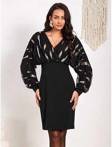  robes de soirée trapèze robe élégante tenue de soirée courte / mini manches longues col en V nylon avec paillettes 2025