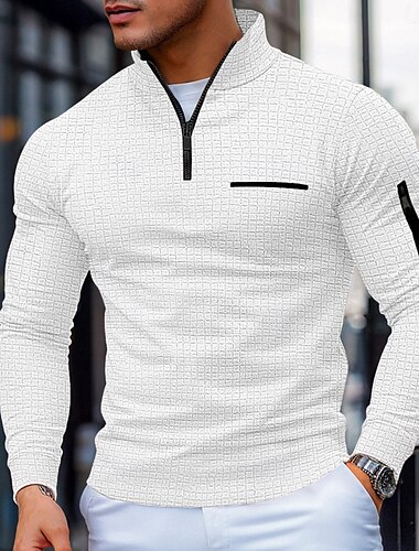  Муж. Вафельная рубашка поло Pullover Для занятий спортом На каждый день Четверть молния Длинный рукав Мода Удобный Контрастных цветов Карман Застегнуться Весна & осень Демисезонный Стандартный