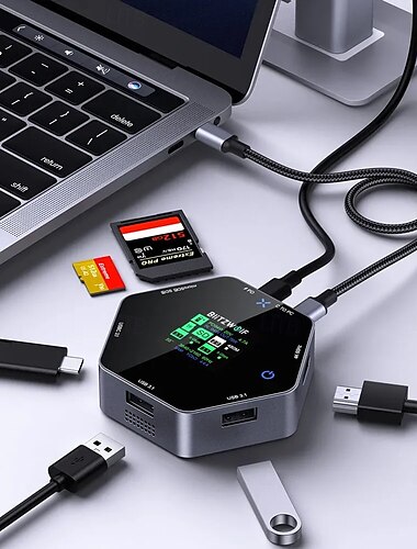  Hub USB 8 in 1, display LCD intelligente, stazione di docking di tipo C con USB 3.1, tipo C, 3.1, HD, 4K a 60 Hz, slot per schede SD/TF, erogazione di potenza PD da 100 W