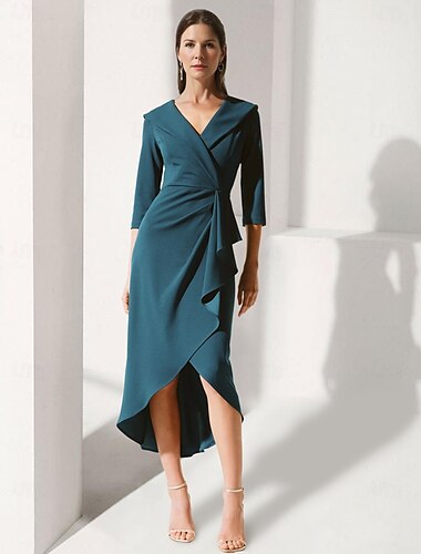  A-Line שמלת mother of the bride שמלת טוקסידו אלגנטית עם צווארון V באורך תה עם רכבת מרים את החצאית רוכסן עם צבע אחיד וגדלים מותאמים אישית