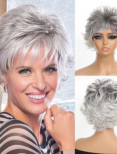  פאת נשים שיער מתולתל קצר, פאת שיער מתולתל קטן אפורה פאת שיער מתולתל קצר לנשים, פאת משי מדומה בטמפרטורה גבוהה