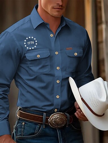  Herren Amerikaner / USA Patriotisch Hemd Westernhemd Cargo-Shirt Langarm Brautkleider schlicht Taktisch Sport & Natur Ausgehen Winter Frühling & Herbst Umlegekragen Bedruckt Schwarz Weiß Armeegrün