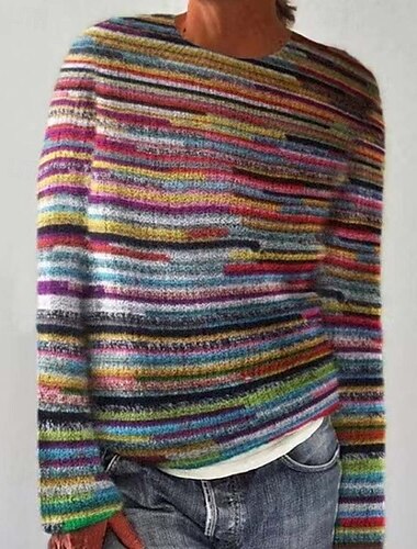  Mujer Pulóveres Moda Ropa de calle A Rayas Estampado Cuello Barco De Punto Manga Larga Tops regulares Tejer Noche Arco Iris Otoño Invierno