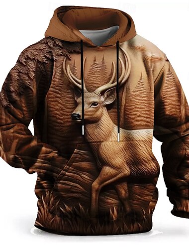  Voor heren Hert Trui met capuchon Hoodies Sweatshirt Trui met capuchon Lange mouw Sweatshirt met capuchon Capuchon Modieus 3D-afdrukken Vakantie Streetwear Bruin Afdrukken Voorvak Lente & Herfst