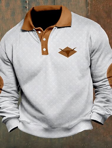  Voor heren Vee Cowboy Poloshirts Pullover Lange mouw Poloshirt Kraag Vintage Casual Buiten Streetwear 3D-afdrukken Knop Herfst winter Zwart Wit Khaki