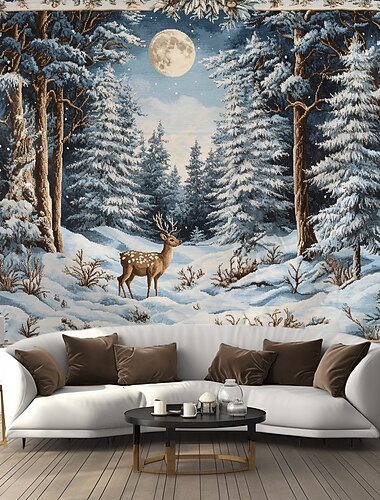 吊り下げタペストリー 雪 トナカイ 壁アート 大きなタペストリー 壁画 装飾 写真 背景 ブランケット カーテン 自宅 寝室 リビングルーム 装飾