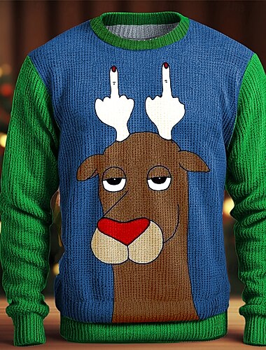  hässlicher Weihnachtspullover für Herren, lustige Pullover mit Hirschmotiv, Pullover, Strickpullover, Thermo-Party, Abend, Silvester, langärmelig, Rundhalsausschnitt, Herbst, Winter, Rot, Blau, Grün,