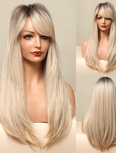  lang blond paryk med pandehår - ombre mørk rod blonde parykker til hvide kvinder, lige bølget syntetisk varmebestandigt hår, naturlige søde parykker til halloween/jul/cosplay/fest