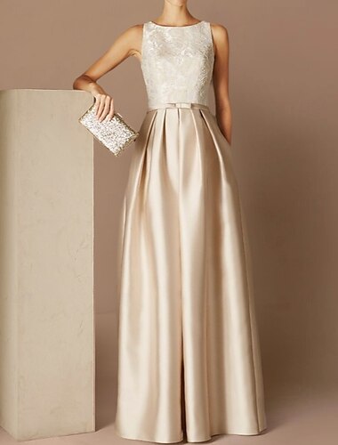  Strandhochzeit A-Linie Abendkleid Elegantes Kleid Formelle Abend Bodenlanger Ärmellos Schmuck-Ausschnitt Herbst Hochzeitsgast Satin mit Gurt/Ribbon Falten Applikationen 2025