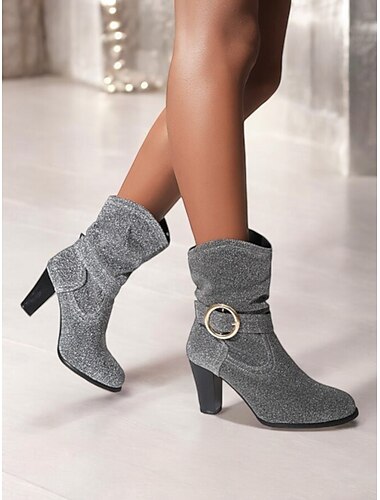  Lila Damen-Stiefeletten aus Wildlederimitat mit Glitzerriemen und goldener Schnalle, stylische High Heel-Stiefeletten für Partys und Abendgarderobe