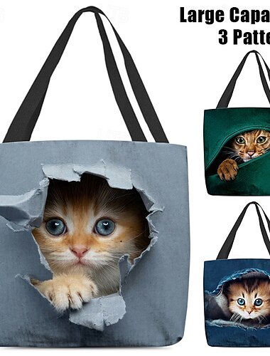  Sac fourre-tout imprimé chaton mignon pour femme - sac de courses en toile durable avec motif chat 3D pour les amoureux des chats et un usage quotidien